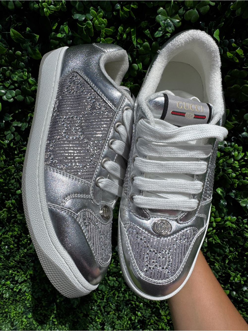 Silver Glitter Low-Top Platform Sneakers - Women's